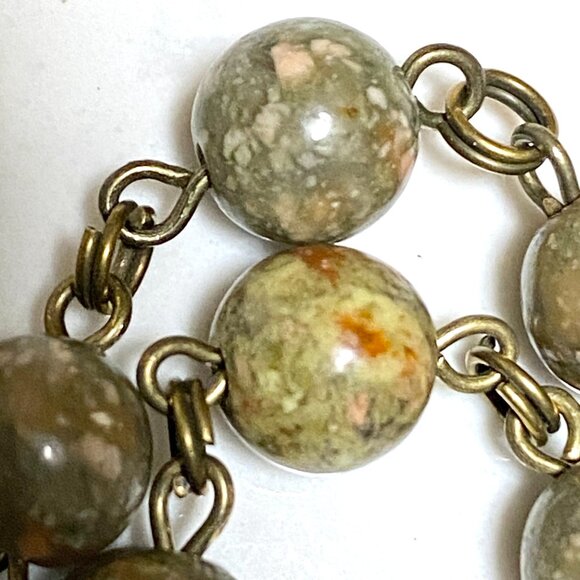 Natural Earthy Unakite Necklace, Cute Bronze Slim Mushroom + Genuine Gemstone - Picture 9 of 15